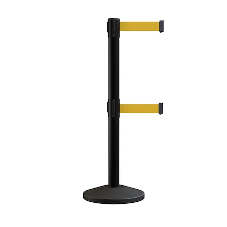Montour Line Retractable Dbl Belt Rolling Stanchion, 2.5in YW Post  9' Black Belt ES400D-YW-BK-90